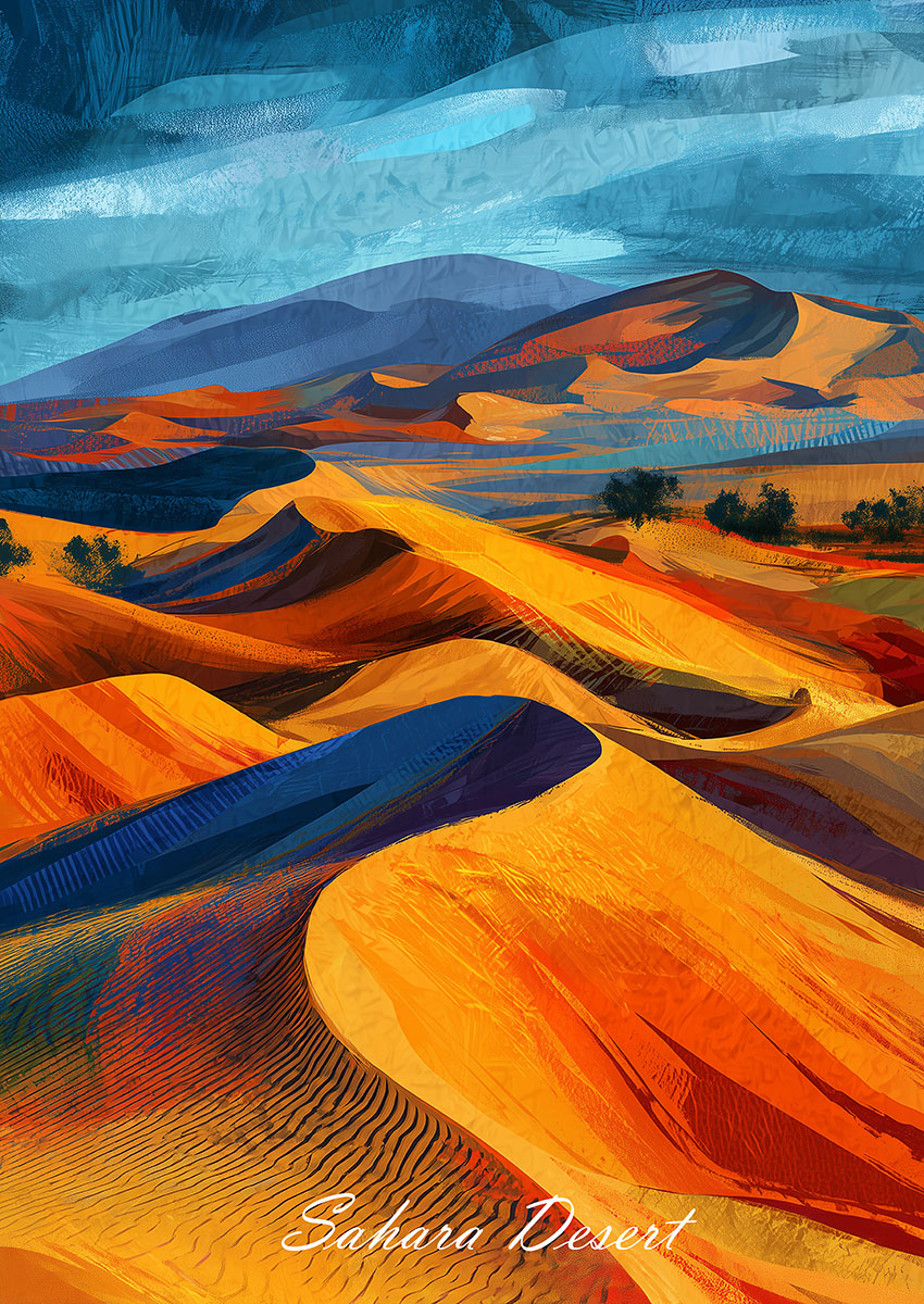 Vibrant artwork of a desert landscape featuring colourful dunes and blue skies.